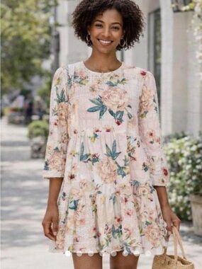 Zara Cream Floral Blouse with Pink & Blue Accents